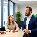 ** A diverse group of people in Luxembourg interacting in a modern, multilingual office setting. The scene should highlight the use of English alongside other languages like French and Luxembourgish. Focus on collaboration and international business.

**