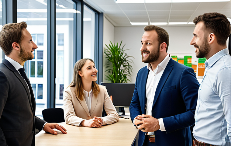 ** A diverse group of people in Luxembourg interacting in a modern, multilingual office setting. The scene should highlight the use of English alongside other languages like French and Luxembourgish. Focus on collaboration and international business.
**