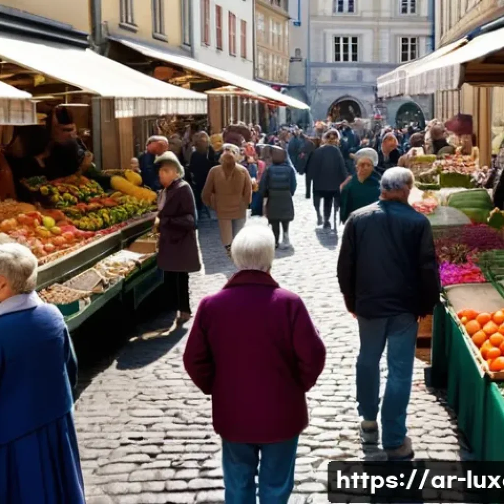 룩셈부르크 어학연수 후기 - **A bustling marketplace scene in Luxembourg City, midday.** Focus on a variety of vendors selling l...