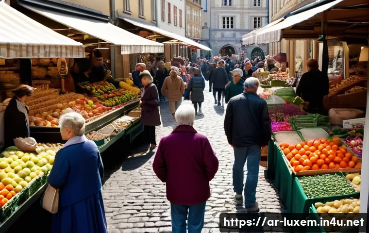 룩셈부르크 어학연수 후기 - **A bustling marketplace scene in Luxembourg City, midday.** Focus on a variety of vendors selling l...