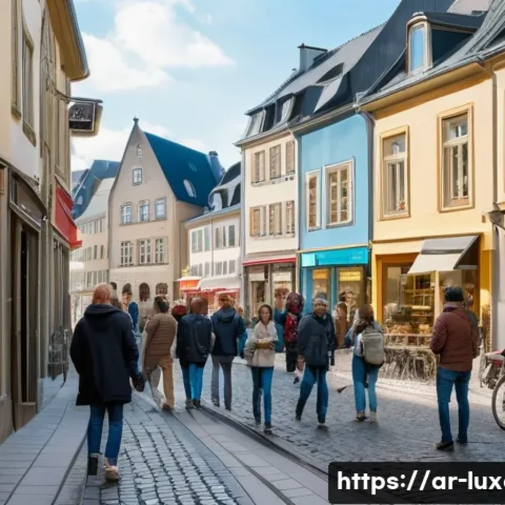 룩셈부르크 공용어 - A vibrant street scene in Luxembourg City showcasing a diverse group of people communicating in thre...