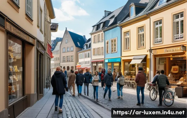 룩셈부르크 공용어 - A vibrant street scene in Luxembourg City showcasing a diverse group of people communicating in thre...
