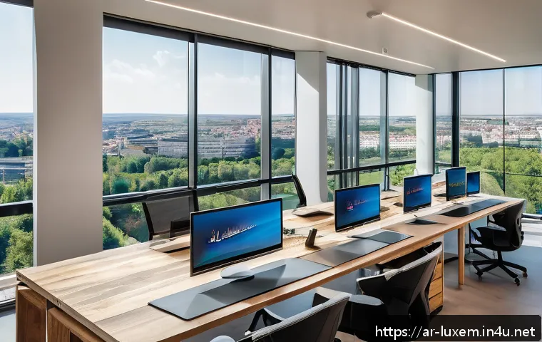 룩셈부르크 미디어 산업 - A modern digital media startup office in Luxembourg, showcasing a collaborative workspace with diver...