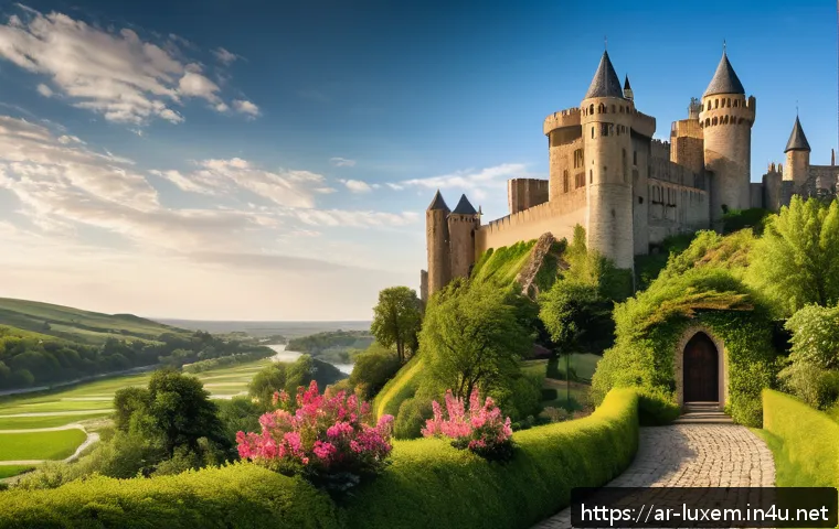 룩셈부르크 성 추천 - A majestic medieval castle perched atop a lush green hill overlooking a winding river valley at gold...