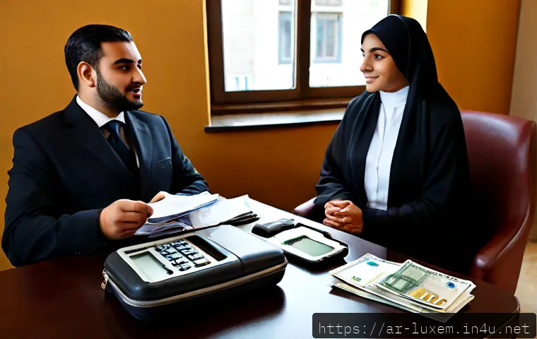 룩셈부르크 여행 예산 - Photorealistic travel budget planning scene for Luxembourg, modest Arab couple seated at a tidy hote...